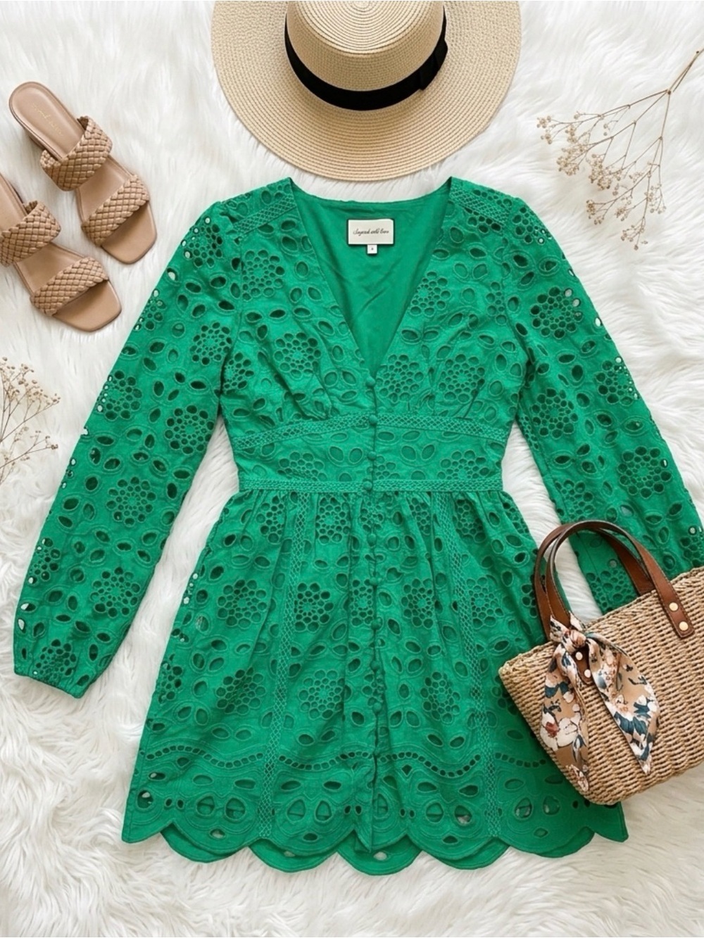 Green Eyelet Lace V-Neck Button Front Mini Dress